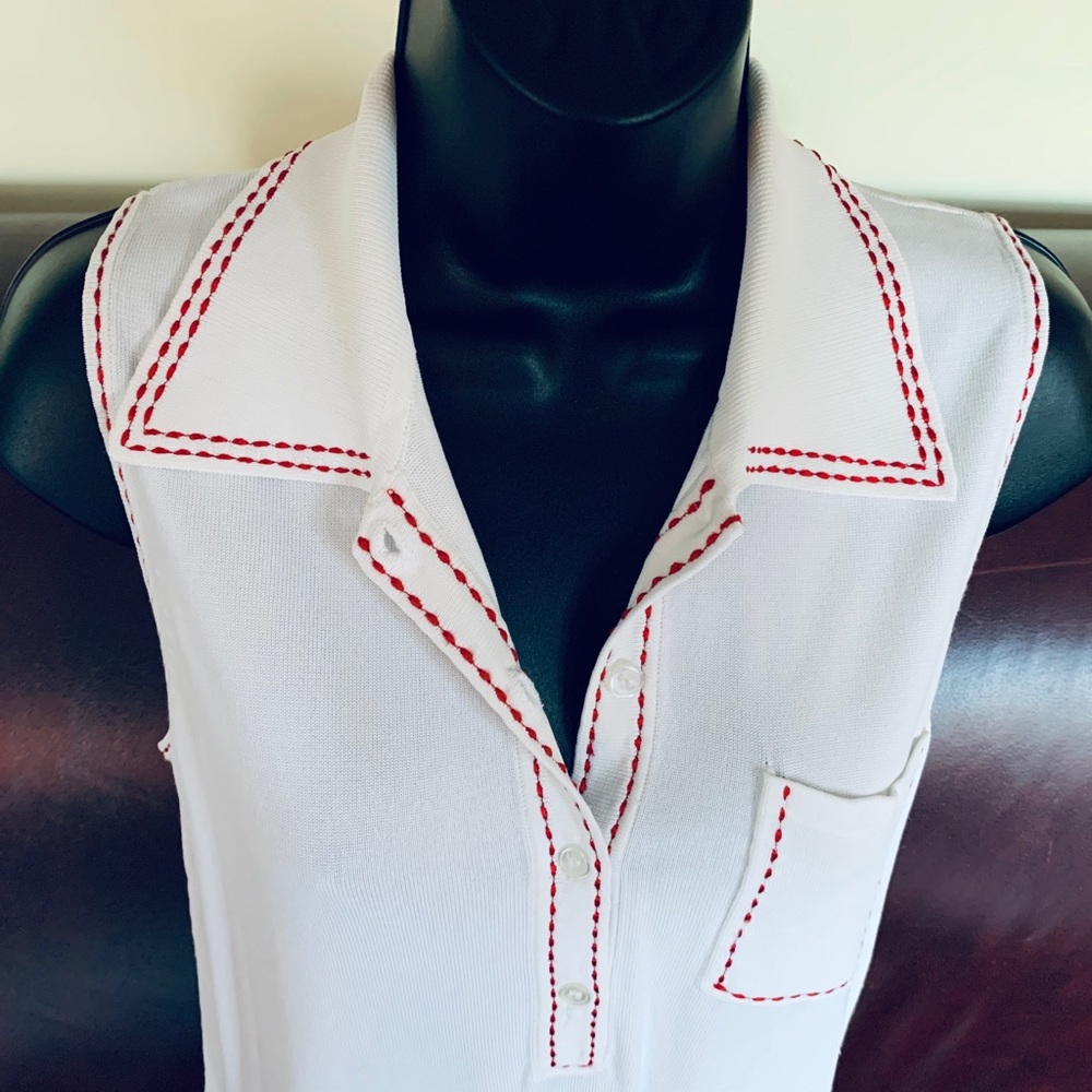 Vakko White Polo Style Knit Tank Top shiny red stiches outer pocket Eu M US M